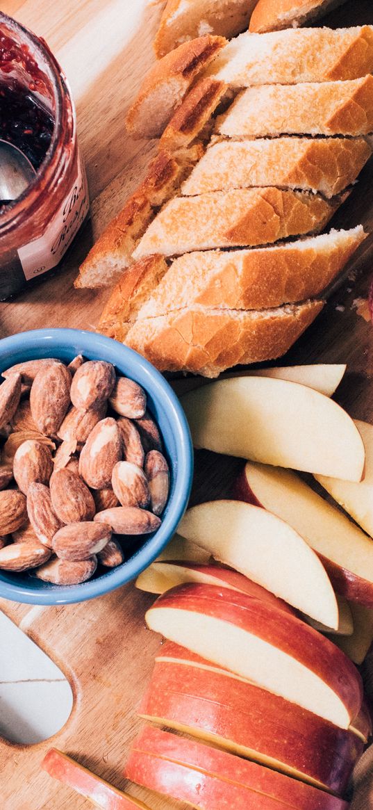 almonds, apples, sausage, jam, breakfast