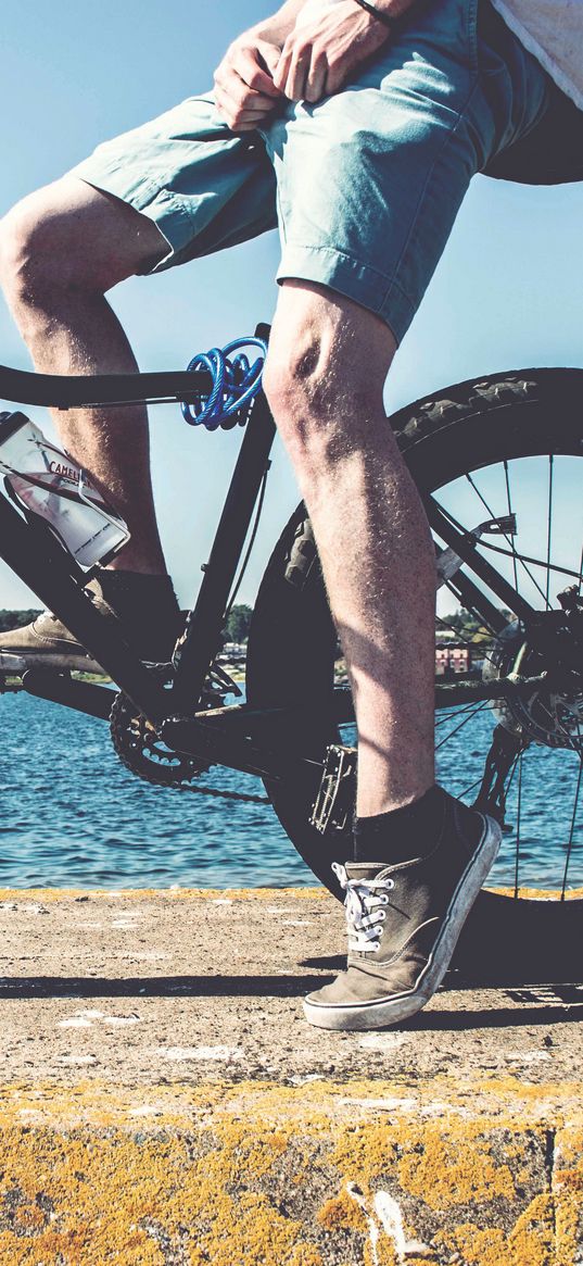 cyclist, legs, bicycle, river