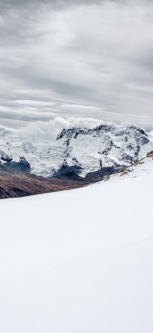 mountains, snow, high, sky, clouds