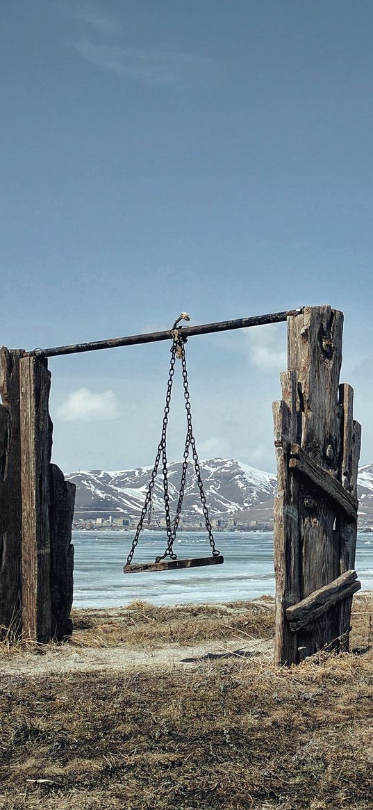 swings, mountains, sea, shore