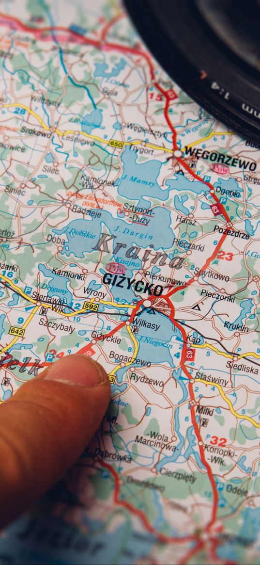 map, finger, route, travel