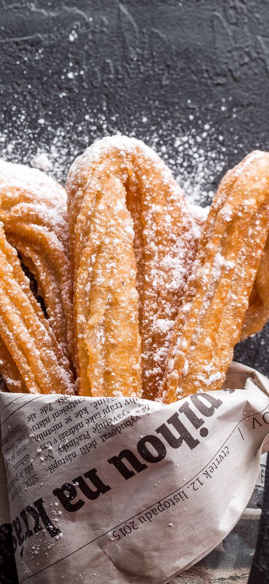 churro, baking, powdered sugar