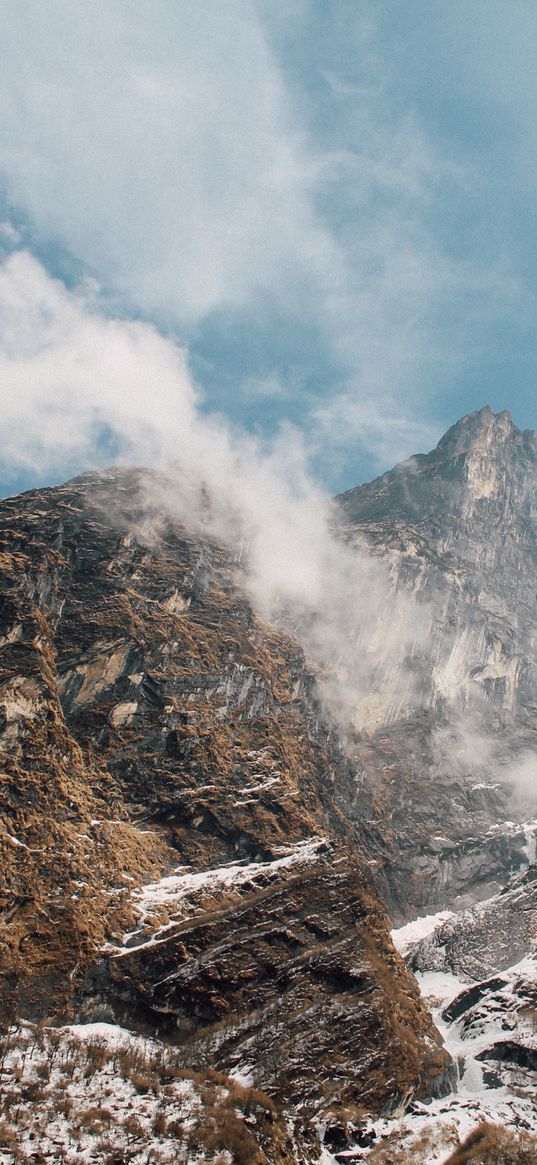 mountain landscape, peaks, fog, snow covered