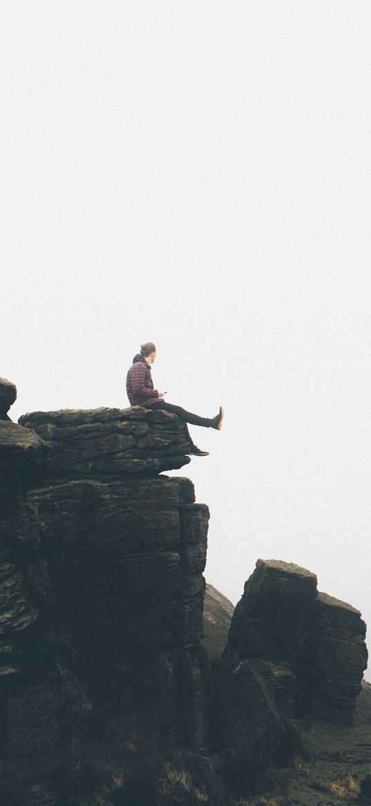 precipice, man, freedom, mountains, fog