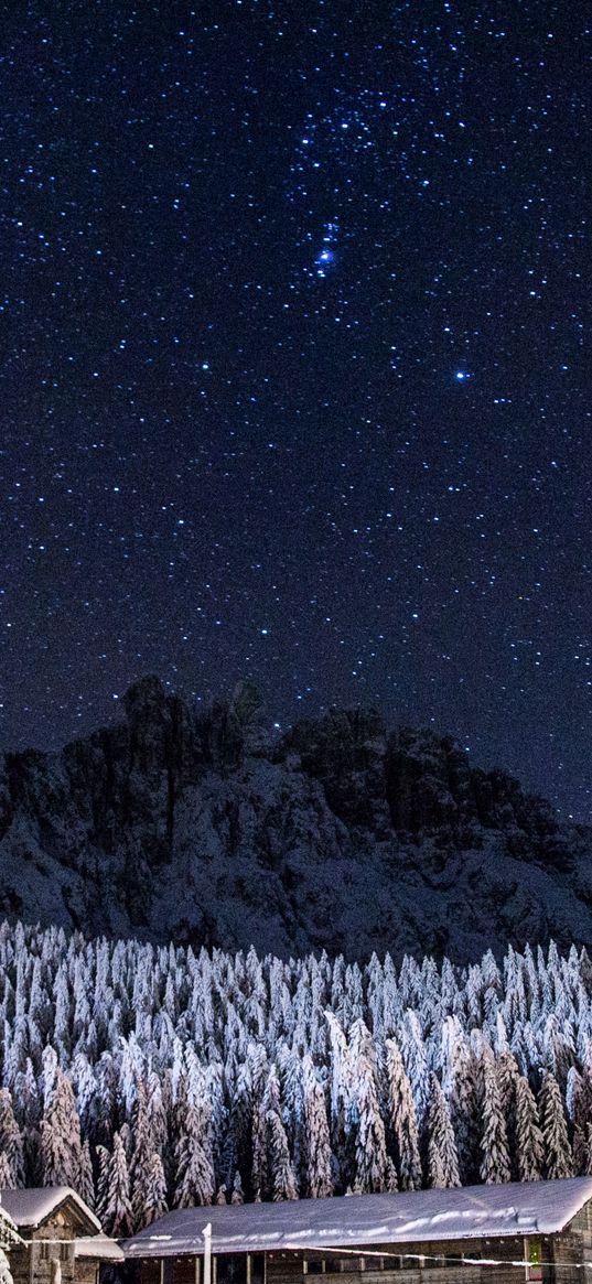 starry sky, barn, building, mountains