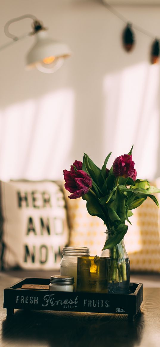 vase, flowers, candles, room