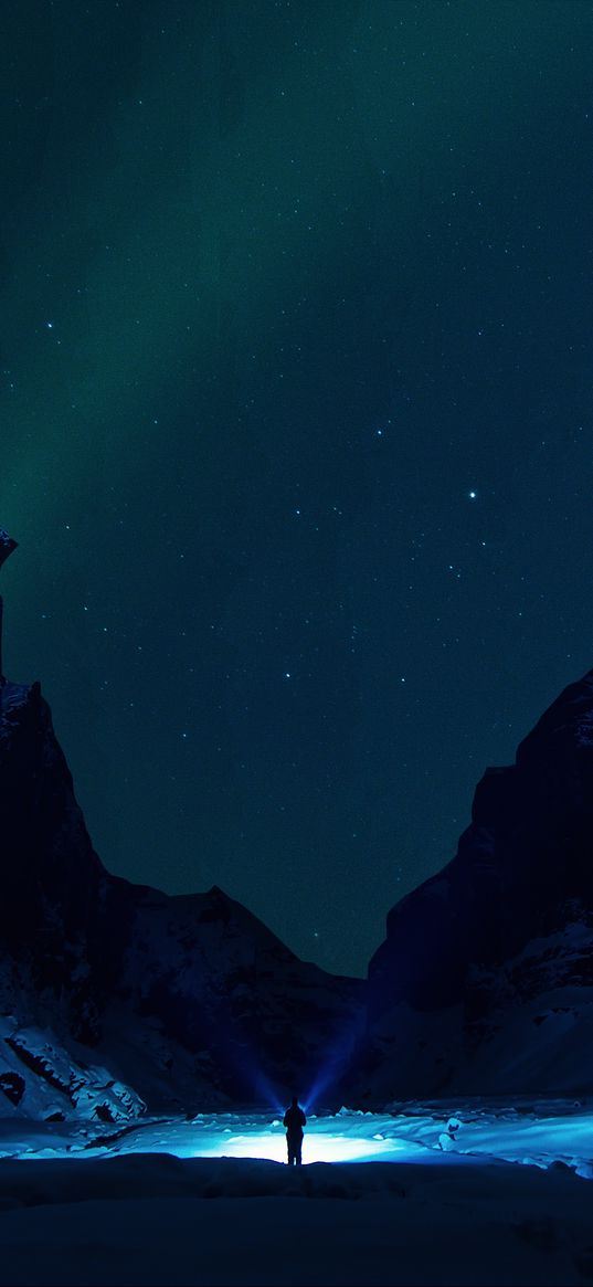 mountains, starry sky, snow, ice floes, night