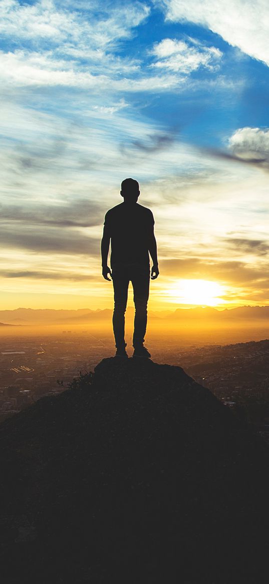 man, sunset, sky, hill, freedom