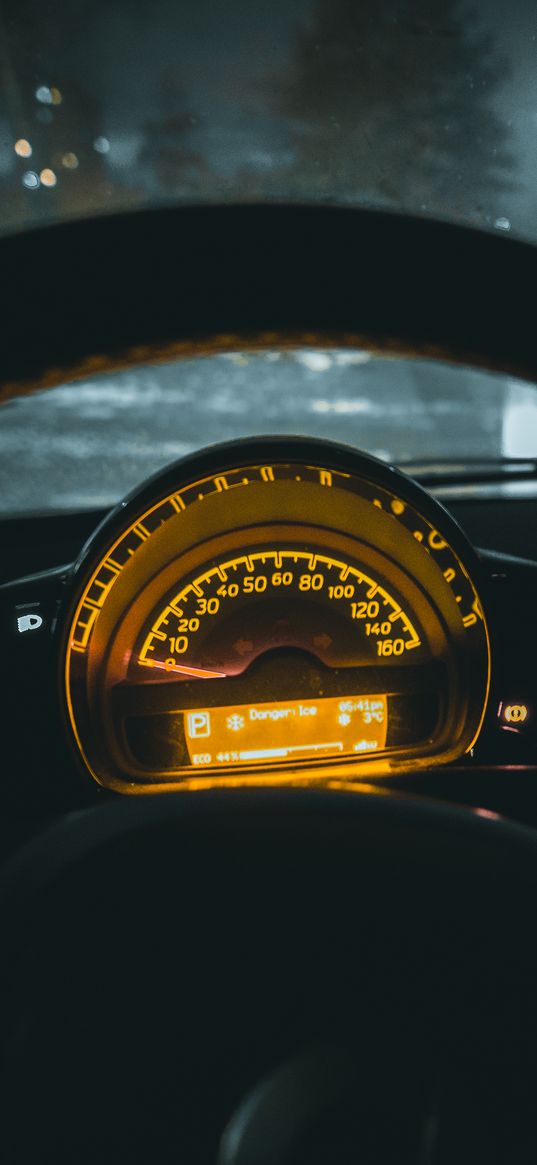 speedometer, car, steering wheel, night