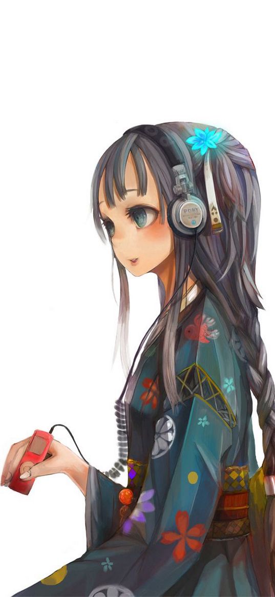 girl, brunette braid, headphones, player, music, kimono