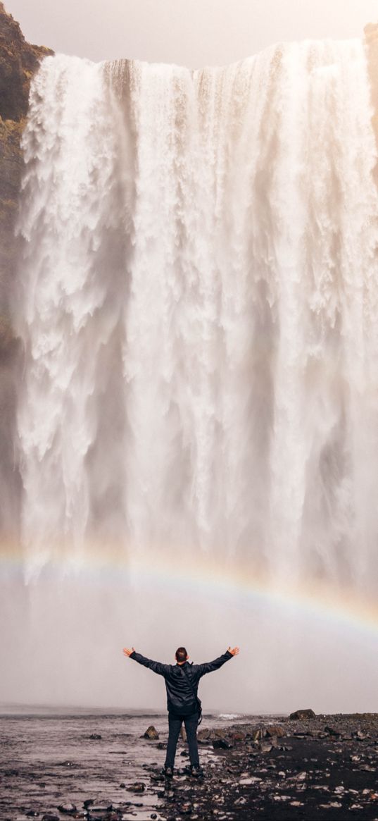 man, rainbow, waterfall, freedom