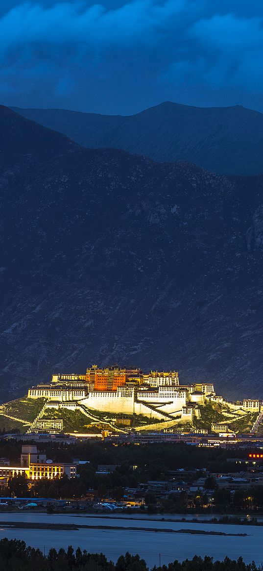 night city, building, night, mountains