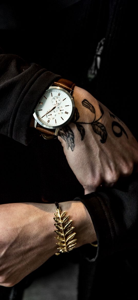 wristwatch, hand, tattoo, bracelet, accessory