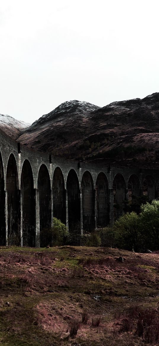 bridge, mountains, ruins