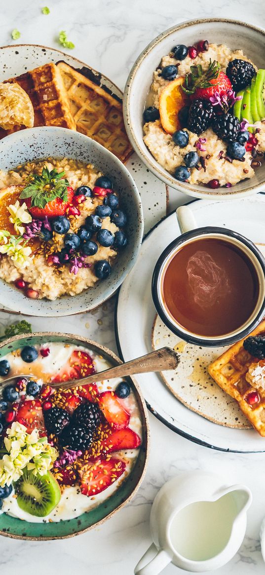 breakfast, porridge, waffles, fruit