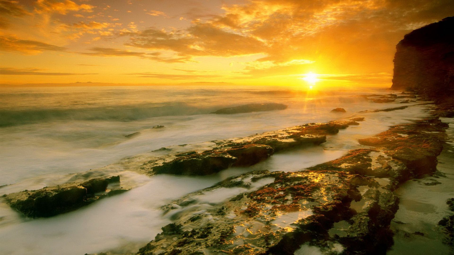 dawn, fog, stones, sea, sun, morning