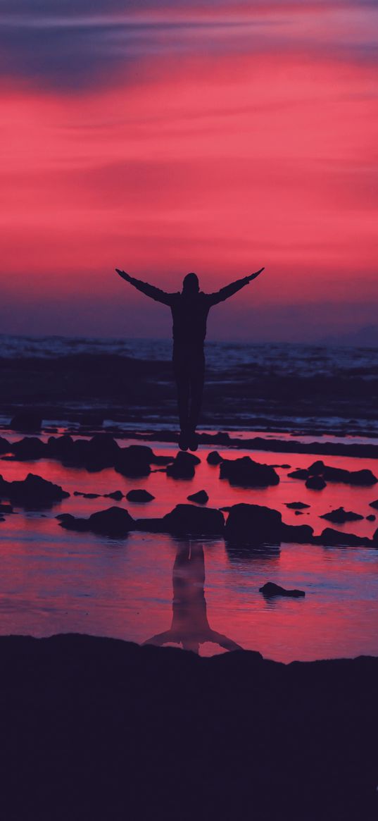 shore, guy, jump, stones, sunset