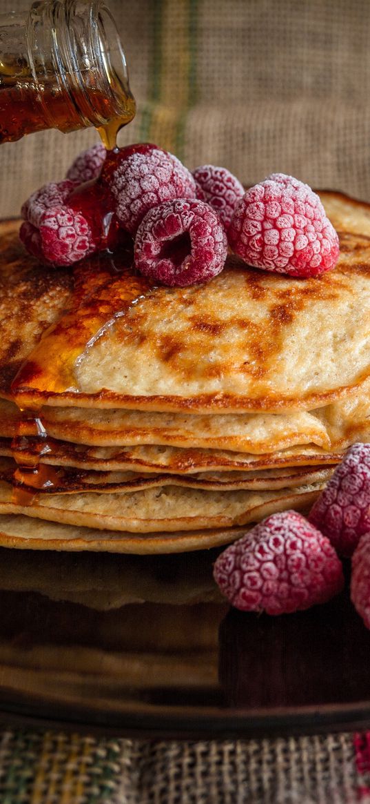 pancakes, raspberries, syrup, breakfast