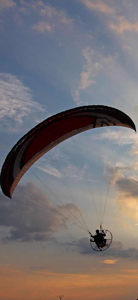 paraglider, flight, sky, sunset