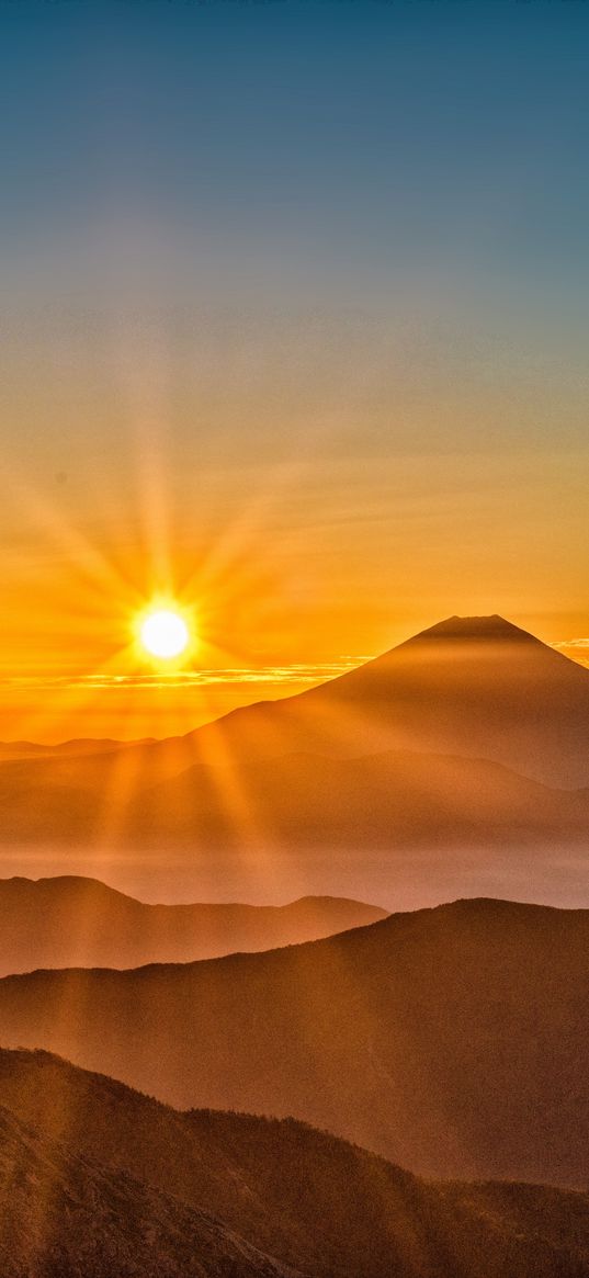 mount fuji, japan, sun