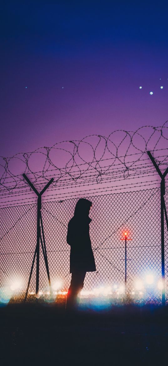 man, silhouette, night, barbed wire