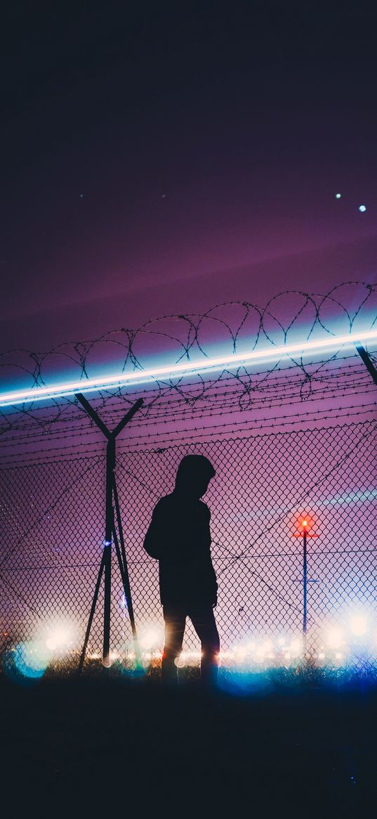 man, silhouette, barbed wire, night