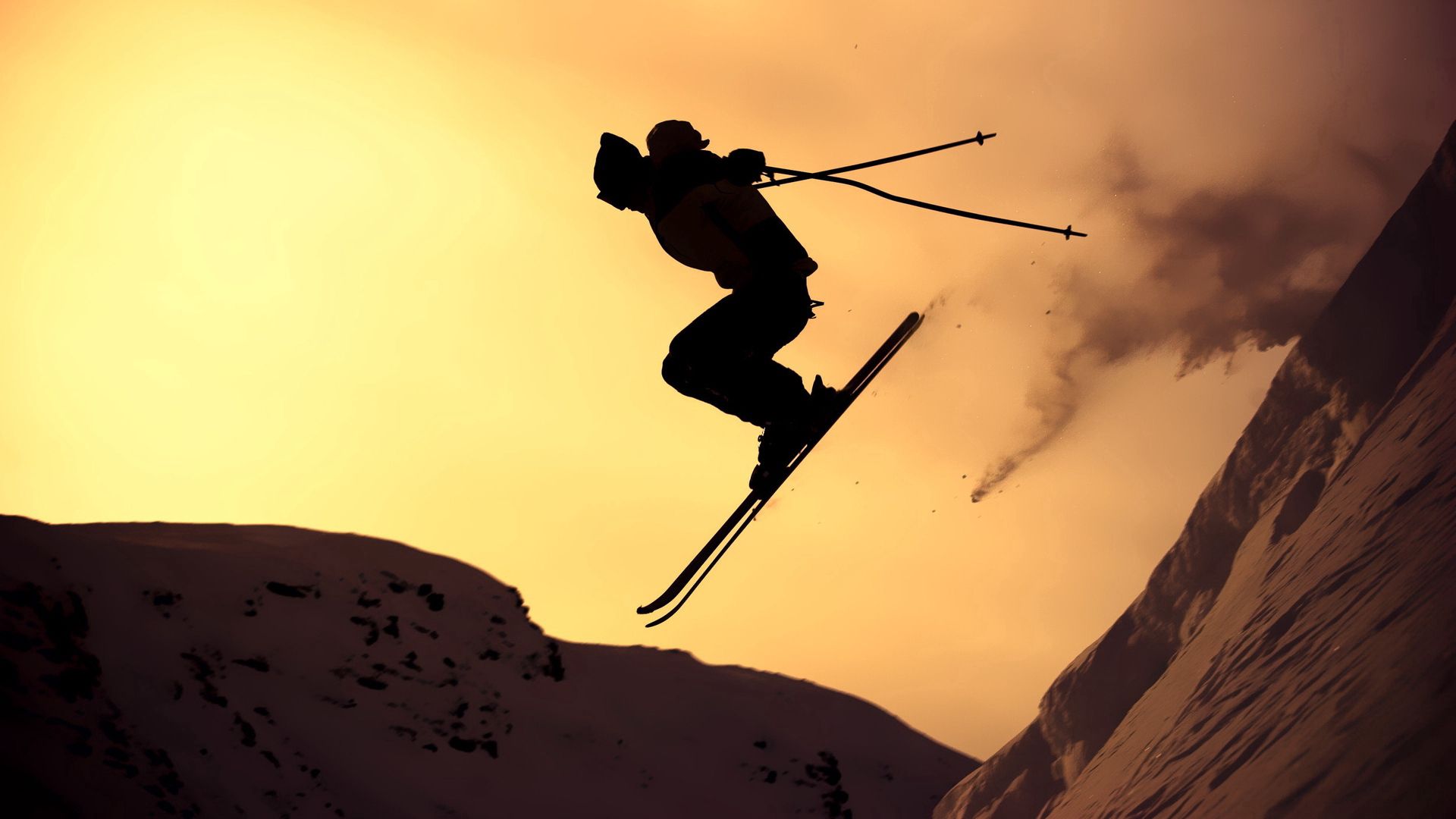 mountain skiing, jump, silhouette, extreme, snow