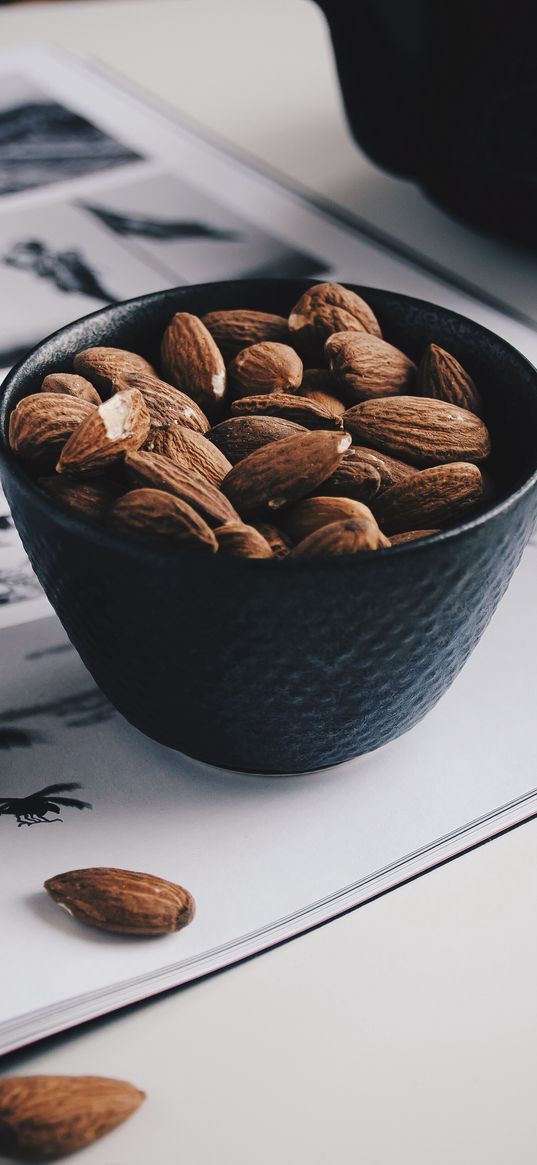 almonds, nuts, bowl, table, magazine