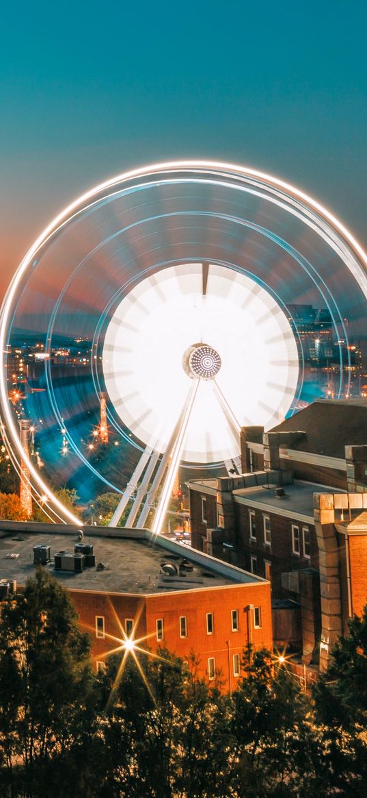 ferris wheel, night, city, buildings