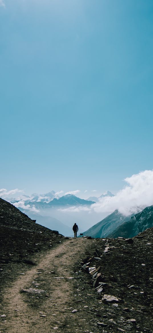 mountains, man, tourist, clouds