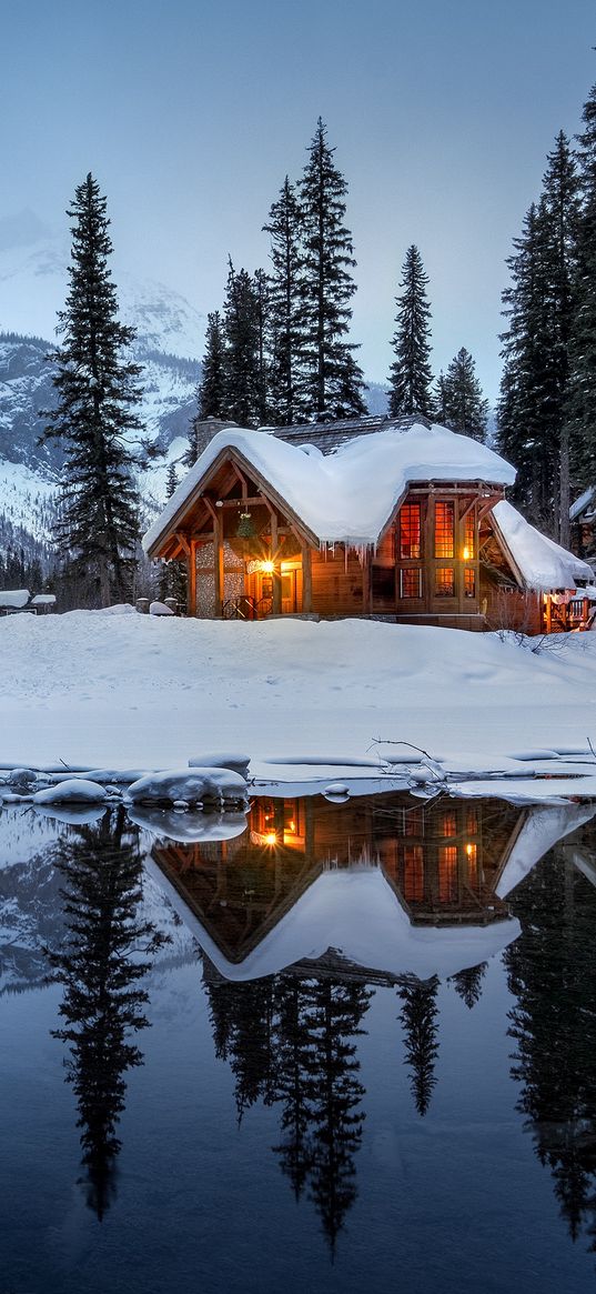 house, mountains, snow, lake, beautiful landscape