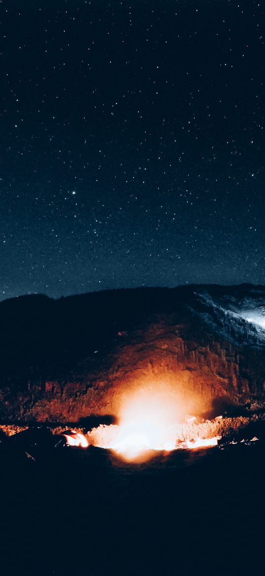 mountains, starry sky, night, light