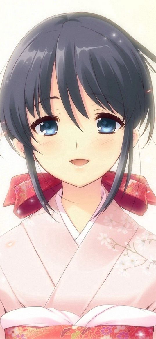 anime, girl, brunette, kimonos, eyes, waiting