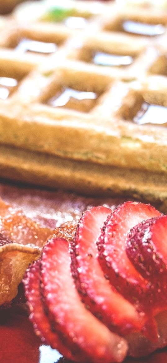 wafers, strawberries, bacon, breakfast