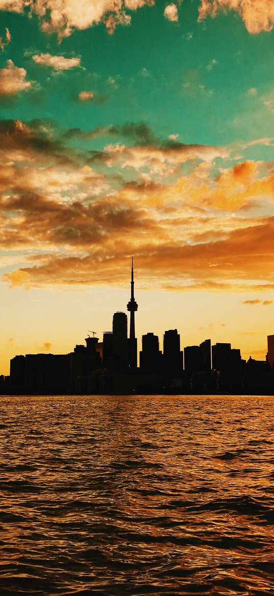 toronto, canada, sunset, buildings, sea