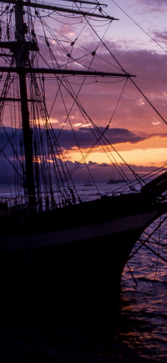 ship, mast, sunset, sea