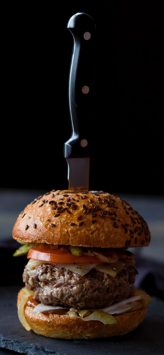 burger, hamburger, buns, meat, knife