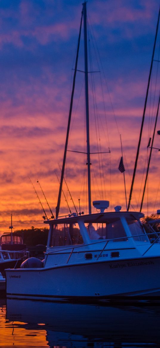 yachts, boats, dock, sunset