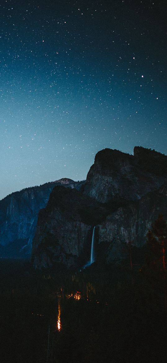 mountains, starry sky, night, peaks