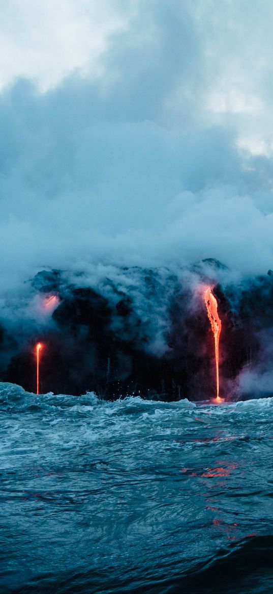 volcano, sea, lava