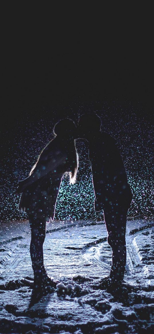 couple, love, kiss, snowfall, night