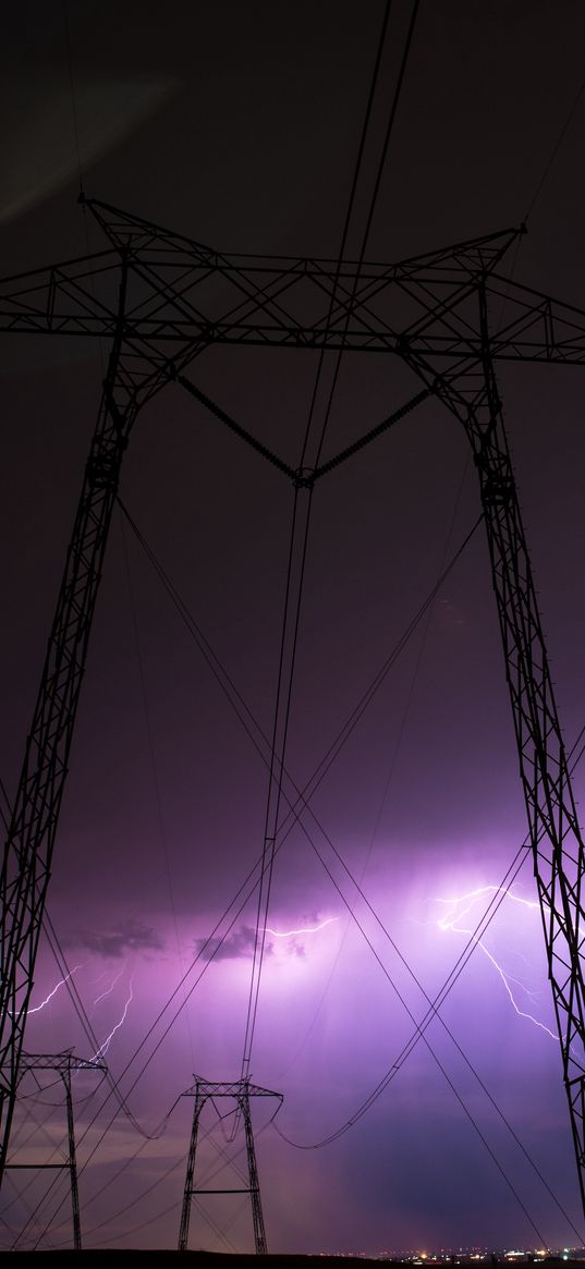 thunderstorm, wires, night, cloudy, sky