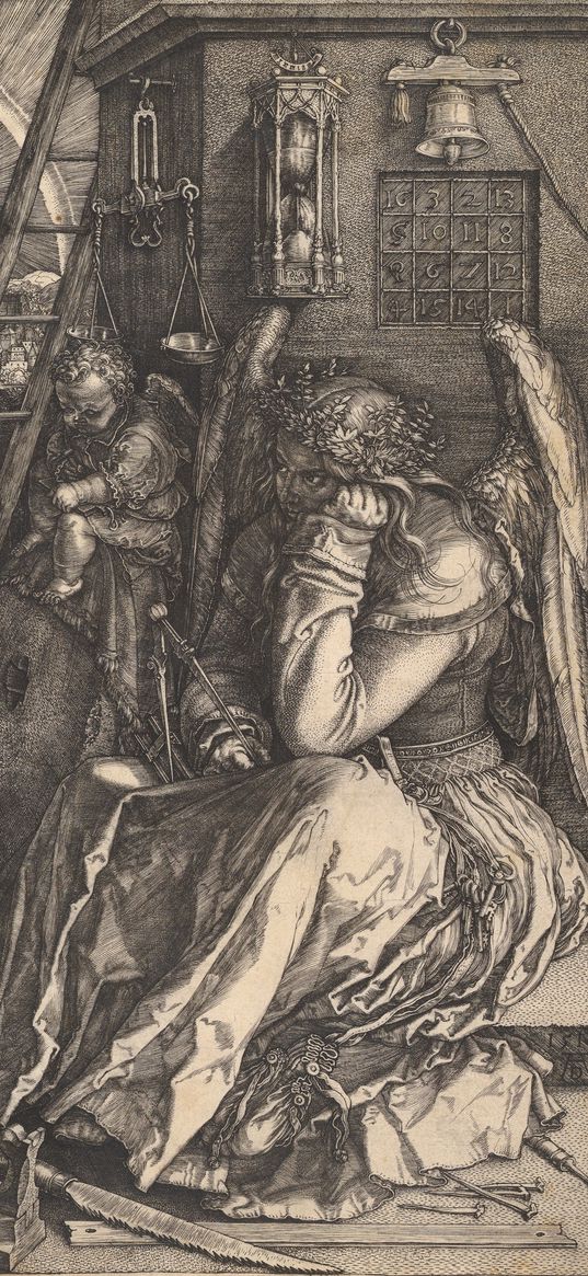 albrecht durer, melancholy, putto, winged genius, engraving