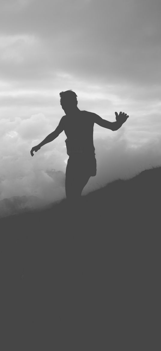 man, silhouette, clouds, mountains, bw