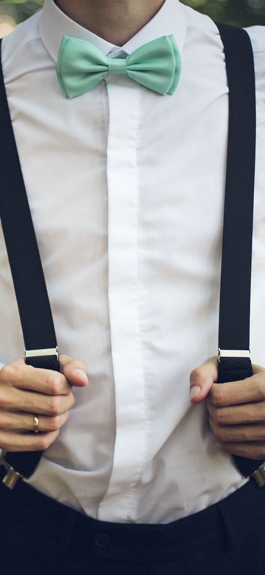 boyfriend, bridegroom, attire, suspenders, shirt, bow tie