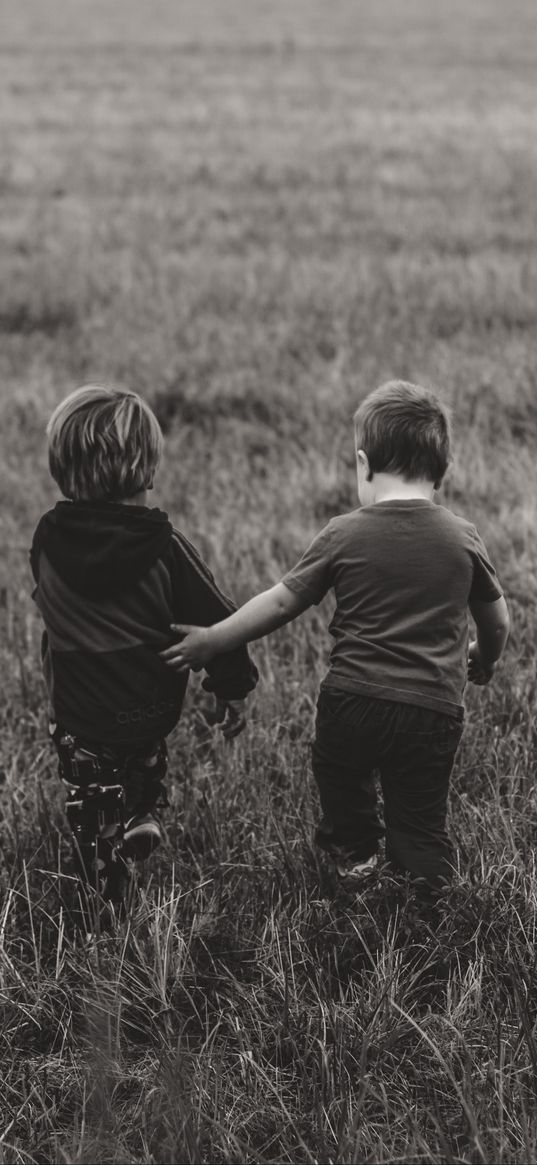 children, couple, field, walk, friendship, bw