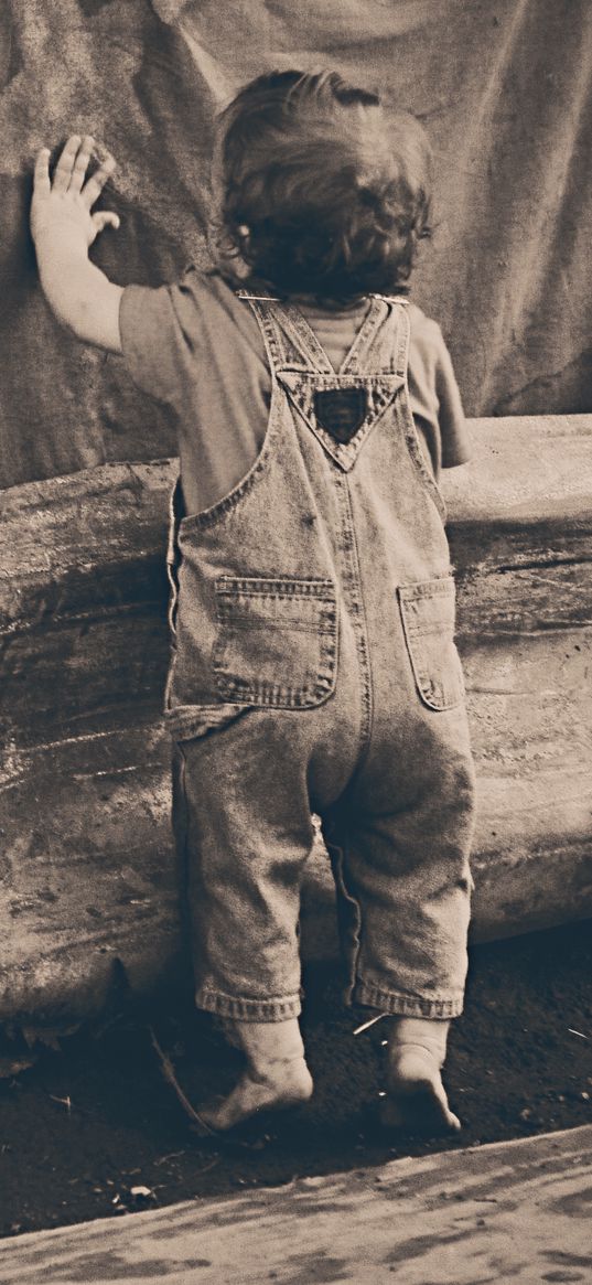 child, overalls, bw