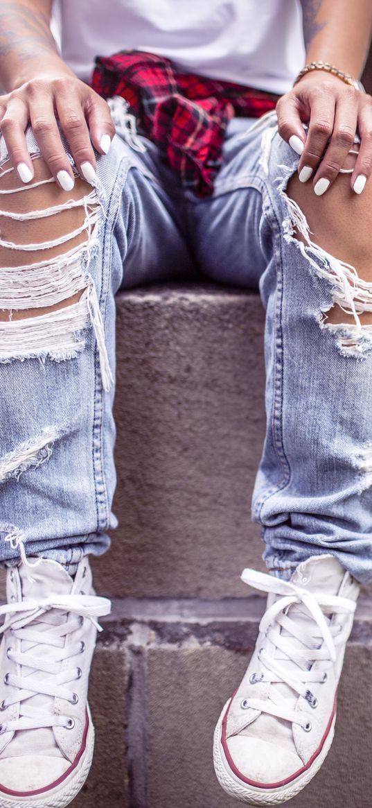 girl, jeans, manicure, sneakers