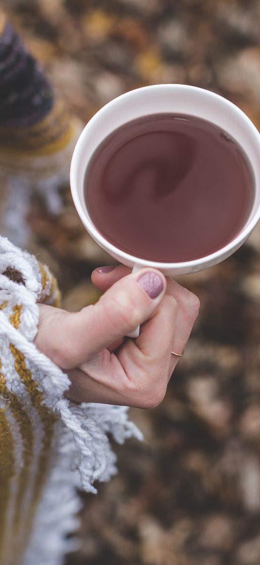 cup, tea, jacket, hand