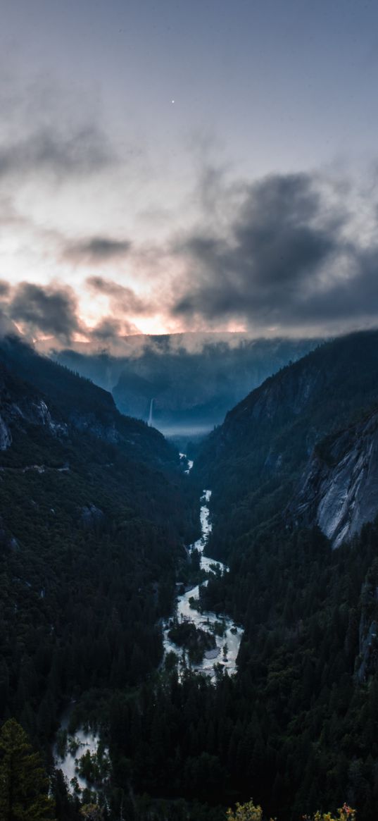 mountains, river, fog, overcast